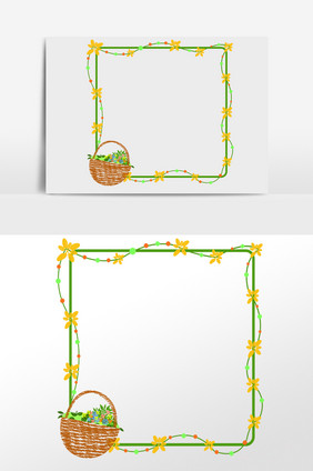 手绘卡通植物枝藤花篮边框插画