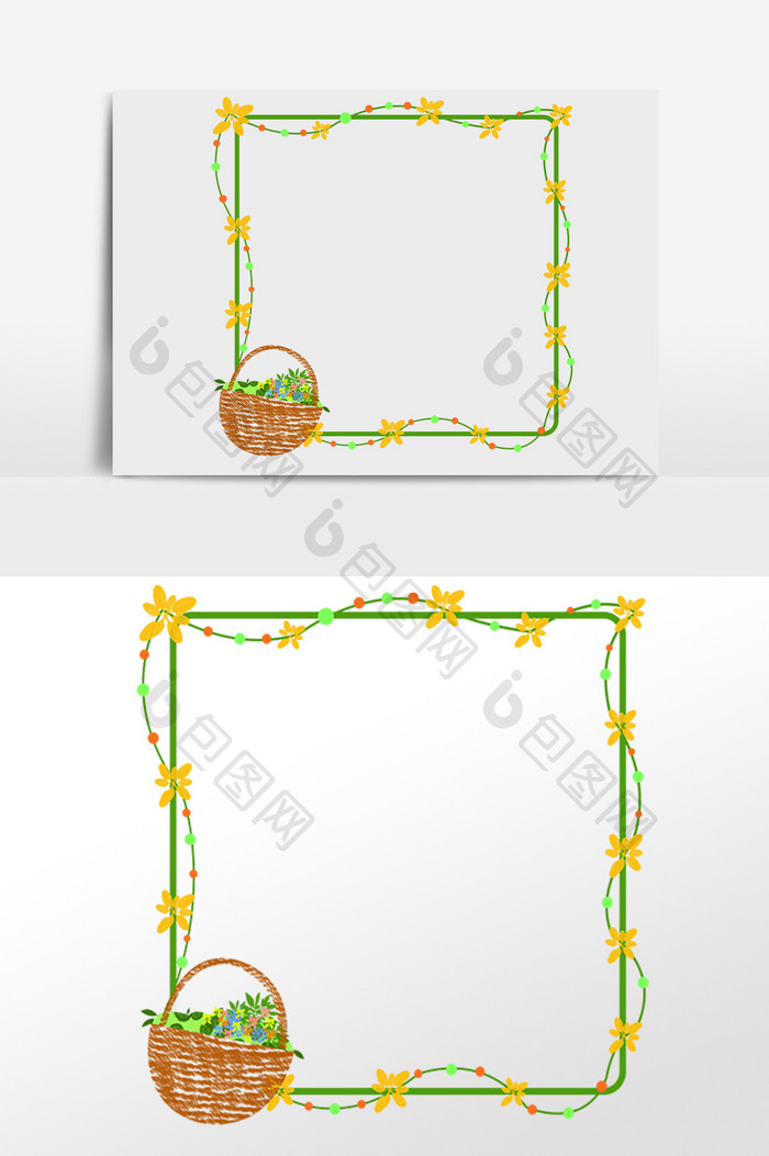 手绘卡通植物枝藤花篮边框插画