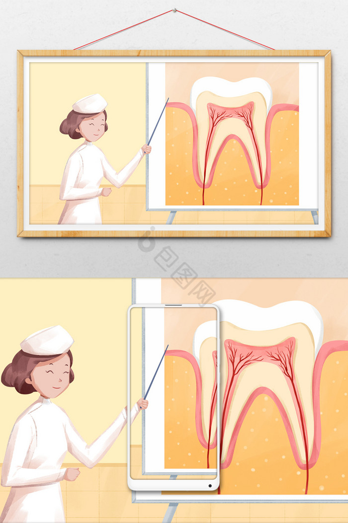 医护人员讲解牙齿插画图片