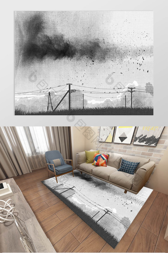 现代手绘泼墨电线杆云朵飞鸟地毯装饰图片图片