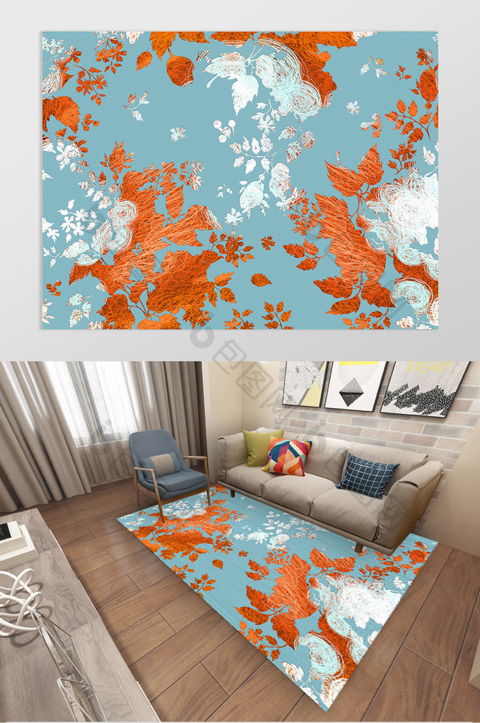 北欧简约几何花卉地毯设计