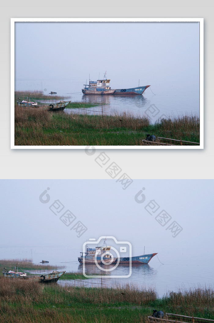 宁静清晨海边停靠的渔船摄影图