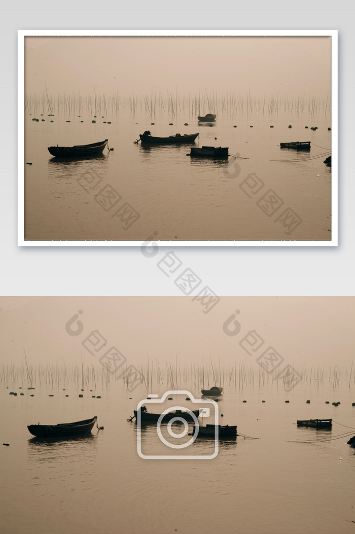 海带养殖场漂泊渔船摄影图图片图片