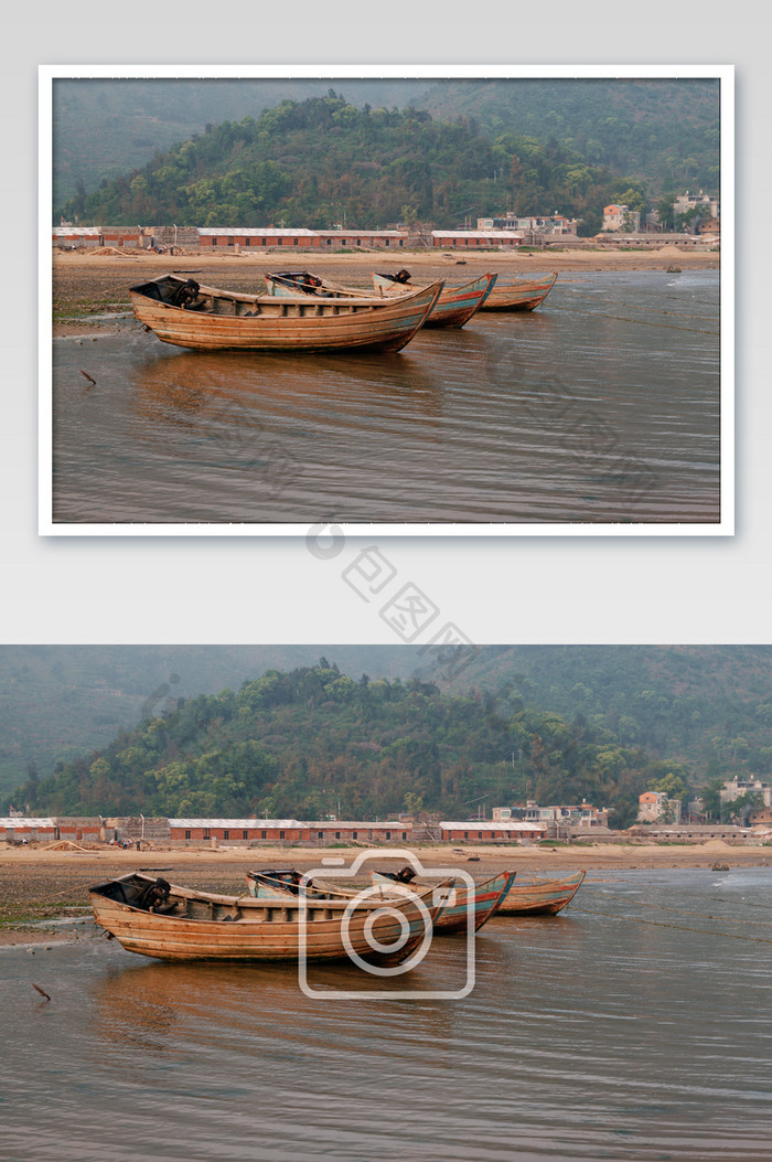 福建霞浦海边渔船停靠摄影图