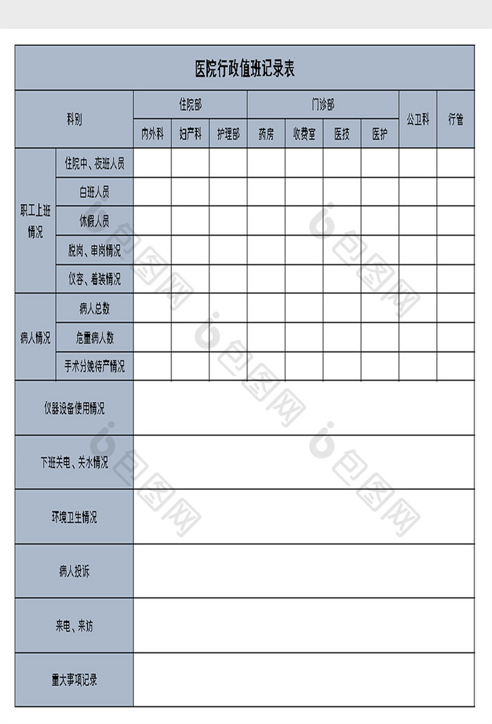 医院行政值班记录excel模板