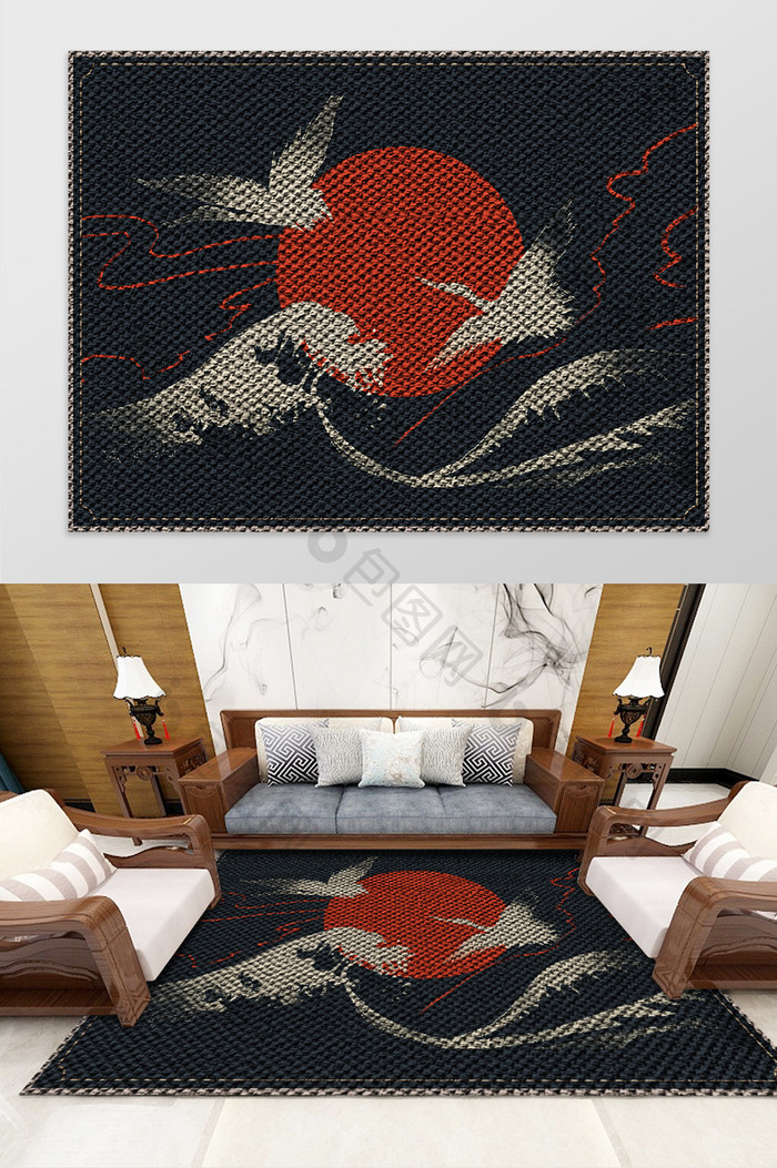 中式古典国潮仙鹤亚麻布地毯图案