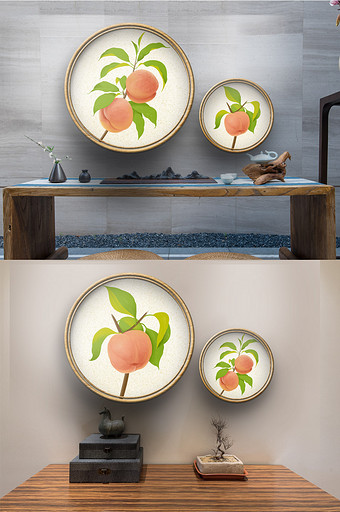 新中式手绘水蜜桃水果圆形餐厅装饰画图片