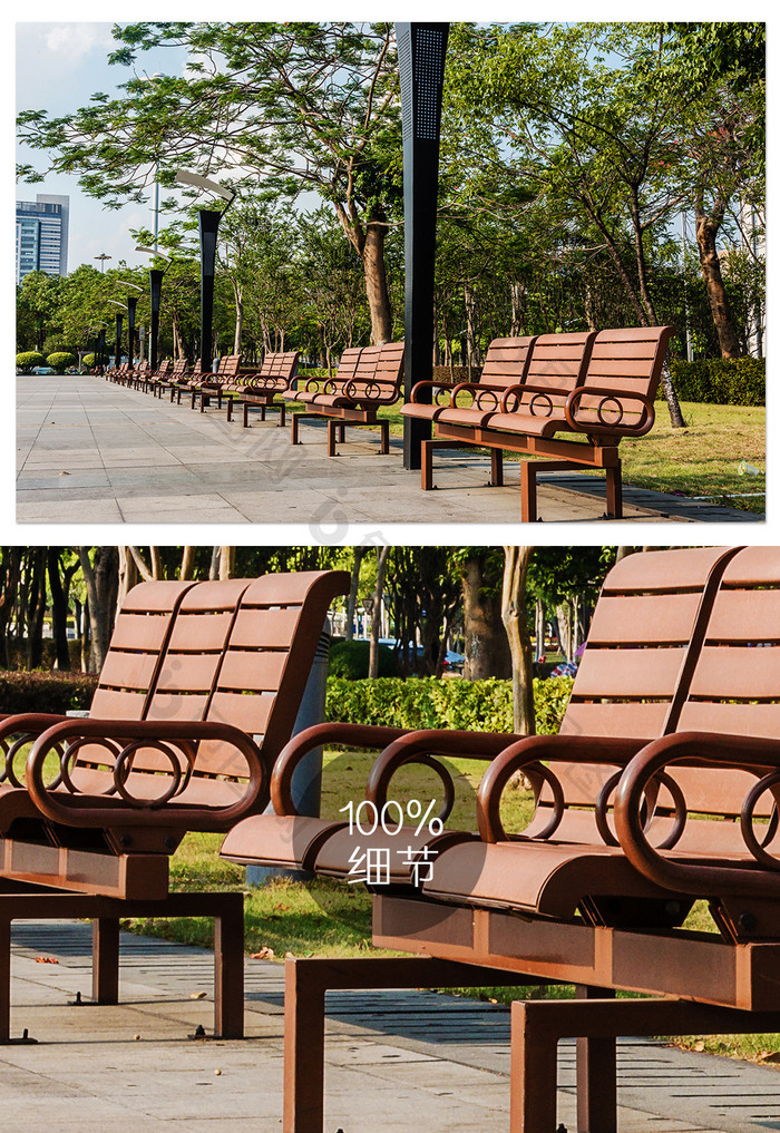 夏季休闲广场的长椅摄影图