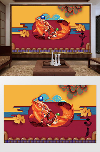 中式国潮年年有鱼喜庆背景墙图片