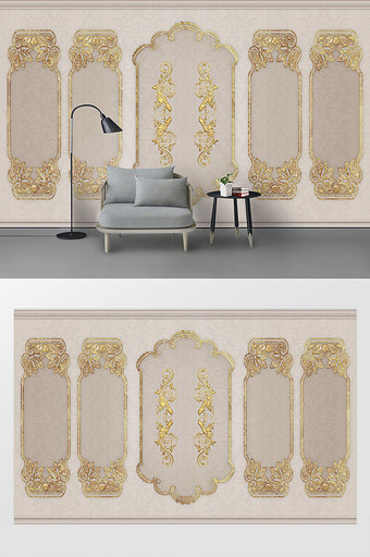 正版现代欧式金色石膏花纹电视背景墙正版新中式抽象边框麋鹿中式背景