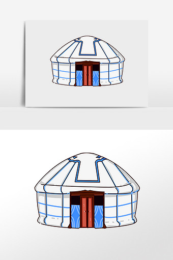 手绘草原游牧民居白色蒙古包插画图片下载