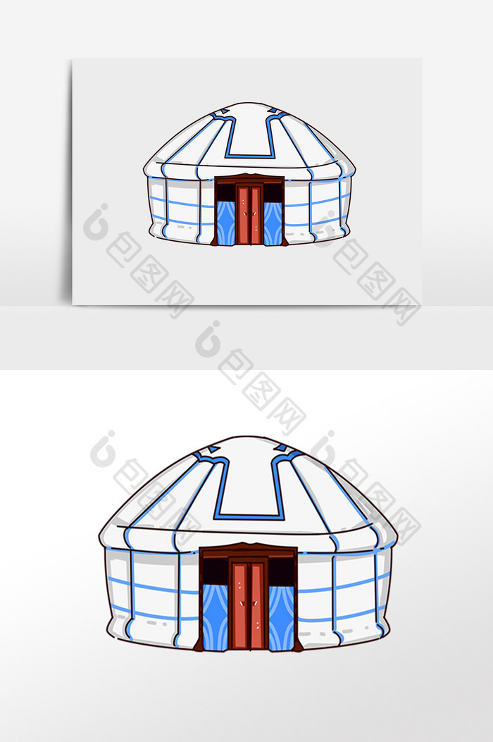 手绘草原游牧民居白色蒙古包插画