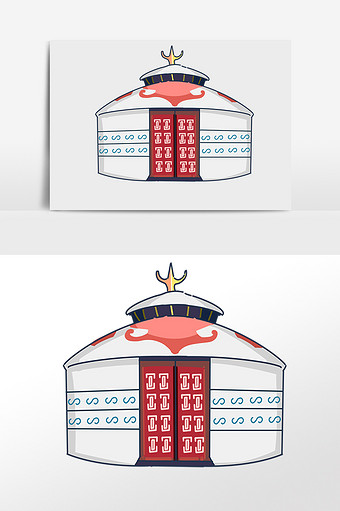 手绘草原游牧民居蒙古包插画图片下载