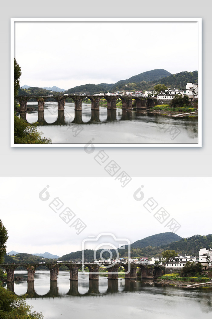 乡村河流历史古桥倒影风光摄影图