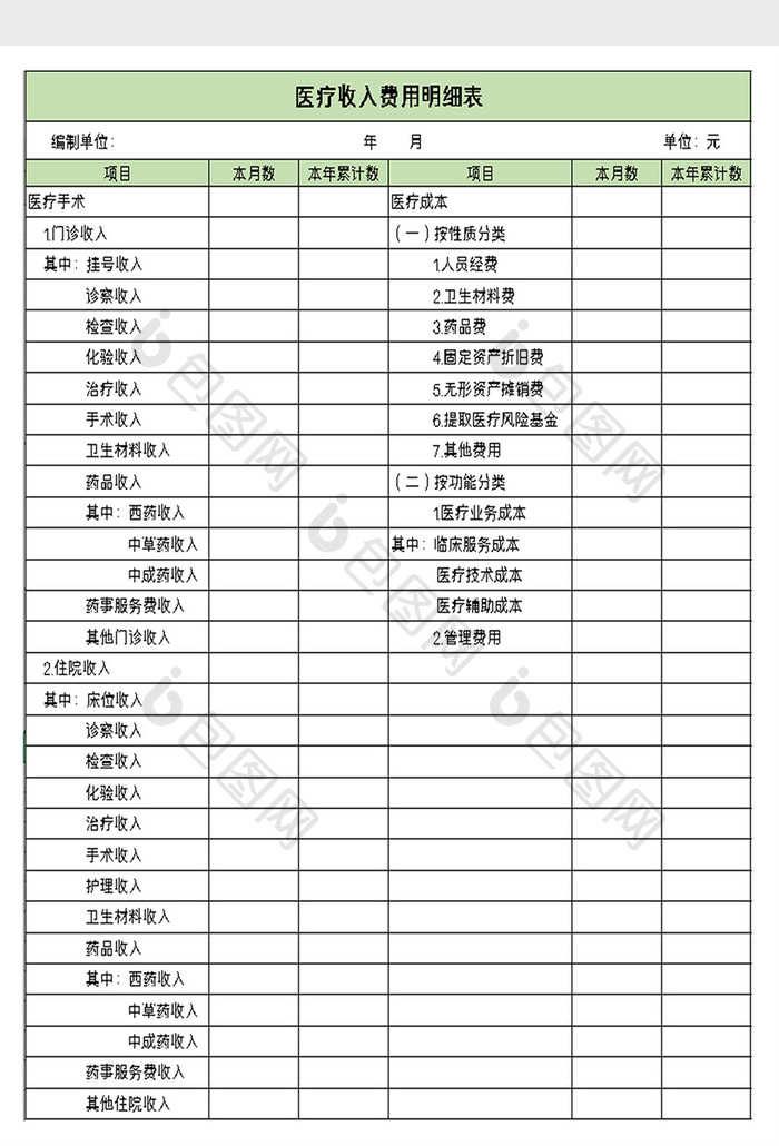 医疗收入费用明细表excel模板