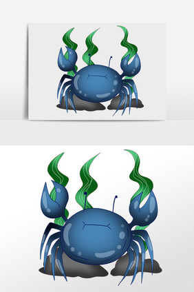 手绘海洋动物生物蓝色螃蟹插画