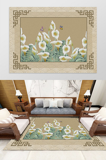 中国风古典花卉蝴蝶客厅卧室地毯图案图片