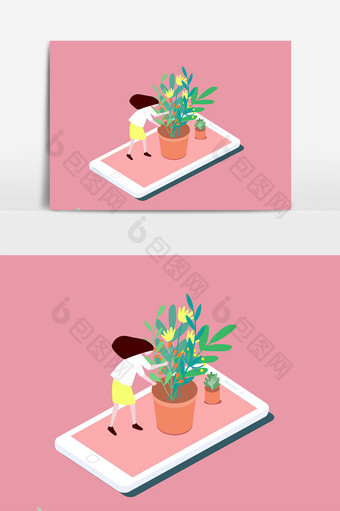粉色质感手机上的花盆元素图片