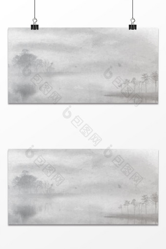 朦胧烟雾山水水墨复古倒影中国风背景图片