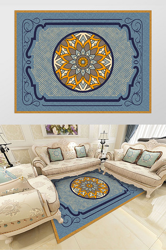 欧式复古古典花纹蓝色客厅沙发垫地毯图案图片