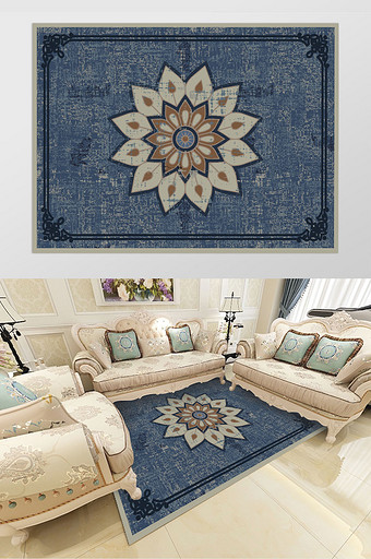 欧式复古花纹美式古典深蓝色沙发垫地毯花纹图片