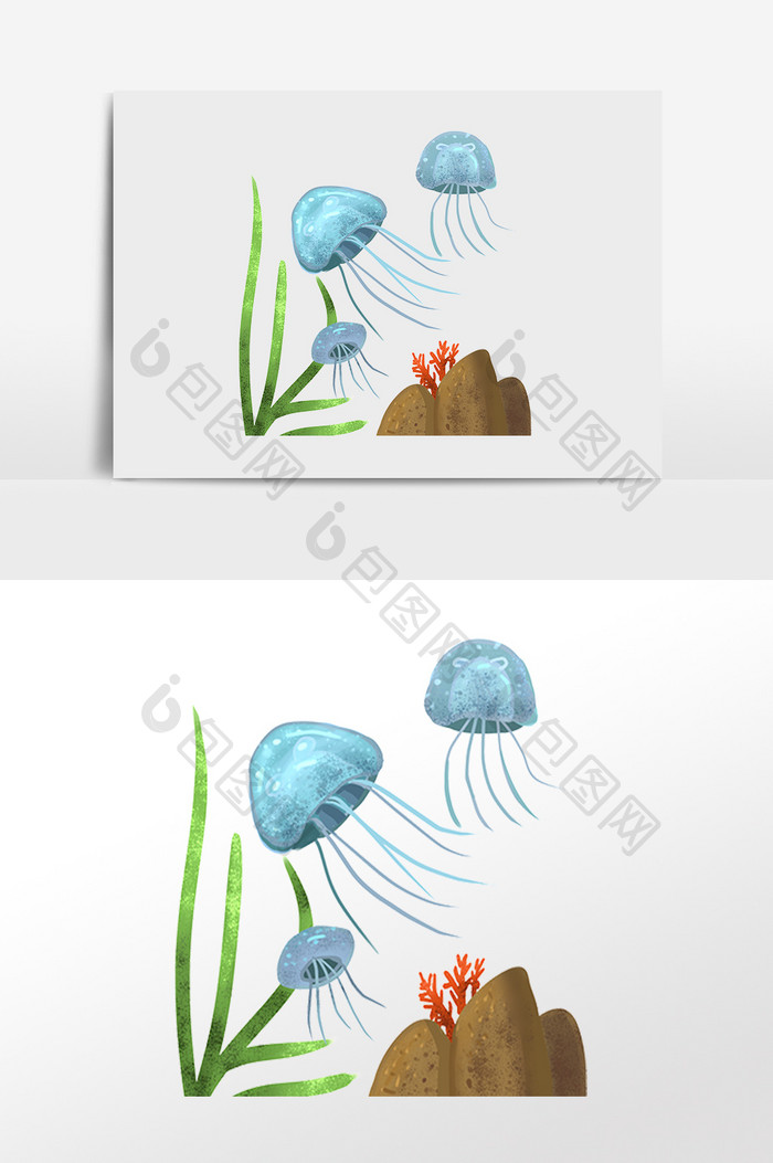 手绘海洋卡通水生物蓝色水母插画