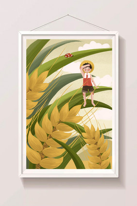 芒种丰收小麦耕种农民插画小清新节气