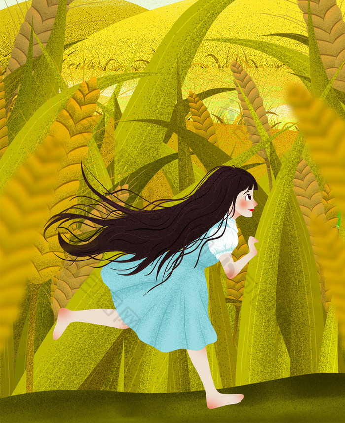 黄绿色创意女孩奔跑小麦稻谷成熟节气芒种
