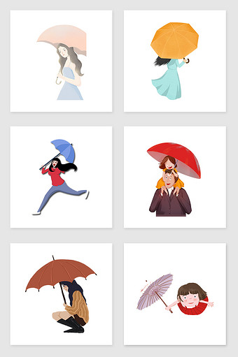 手绘伞下的女人套图插画元素图片