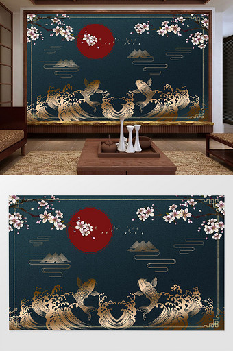 中式抽象3D立体浮雕荷叶九条鱼背景墙壁画图片