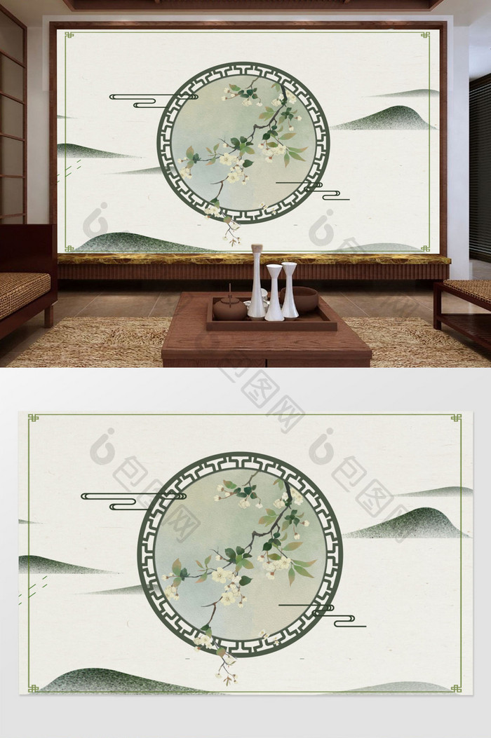 现代新中式手绘梨花工笔花鸟背景墙装饰画