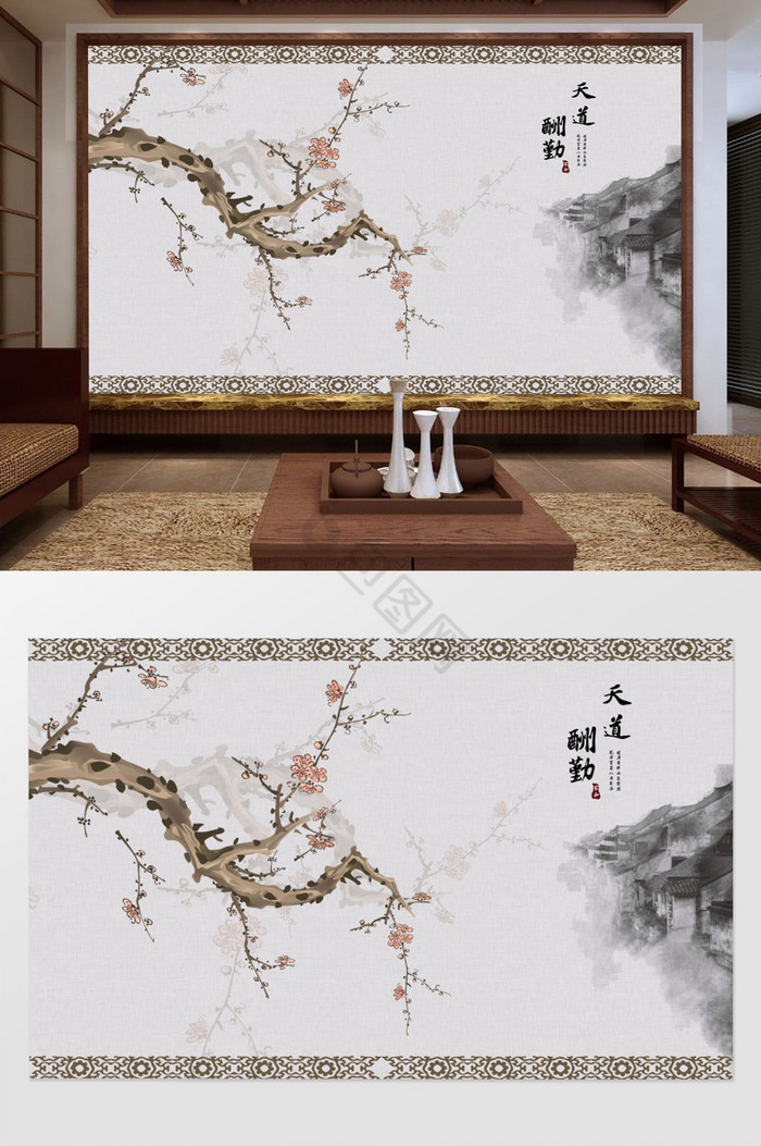 中式徽式建筑唯美山水电视背景墙壁画图片