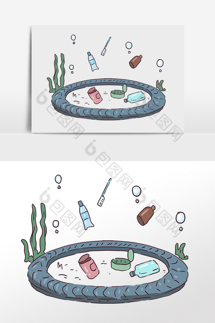 手绘海洋海底污染垃圾插画