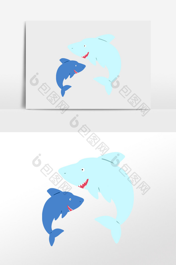 手绘海洋水生物卡通情侣鲨鱼插画