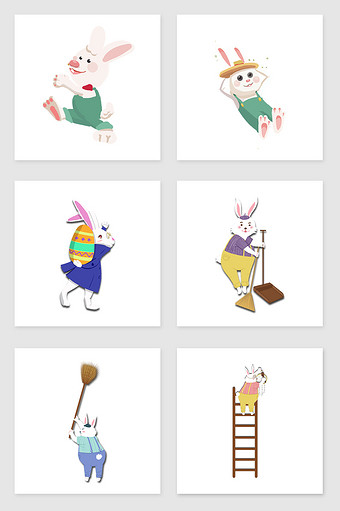 手绘穿衣服的兔子套图插画元素图片
