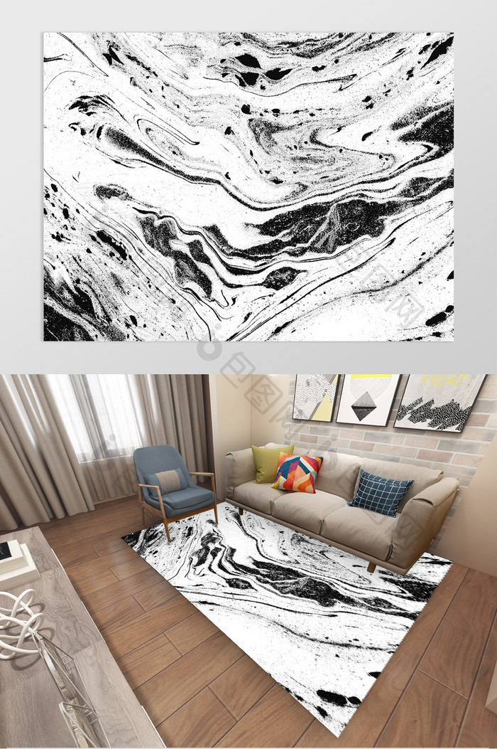 现代简约抽象简约手绘黑白地毯