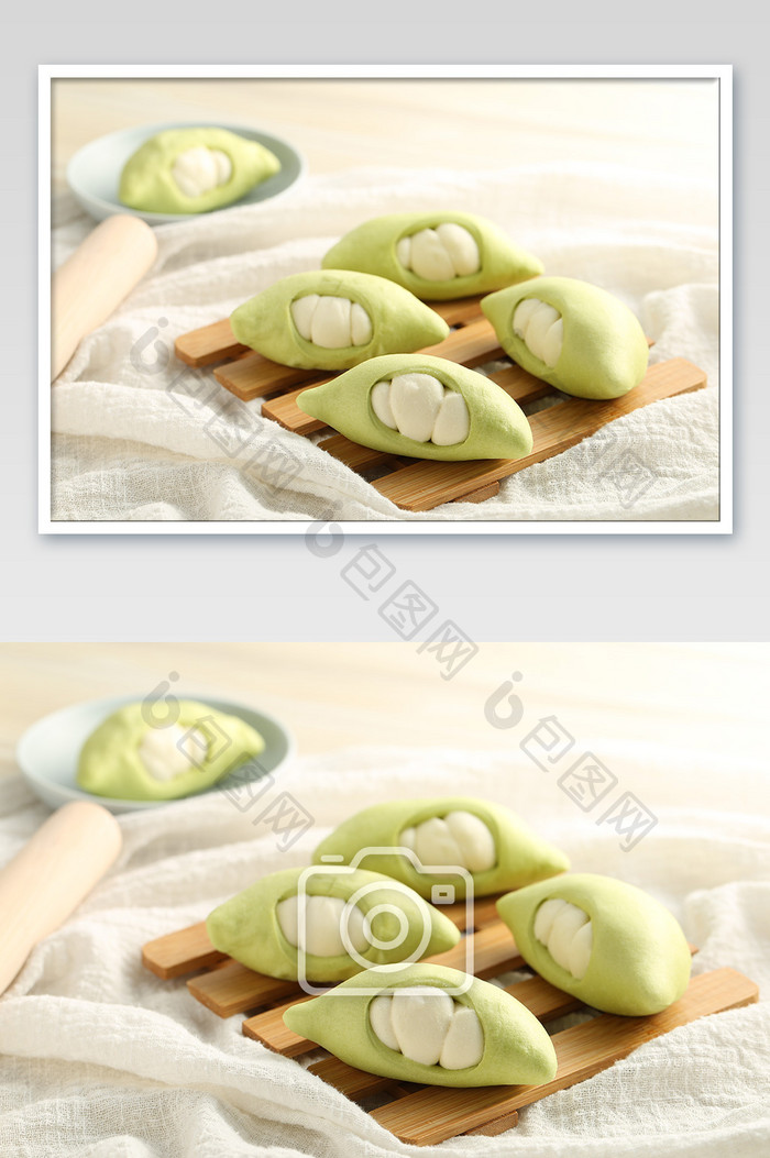传统手工面点果蔬豌豆馒头摄影图