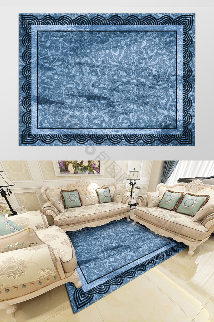 蓝色欧式风格白色线条印花图形地毯