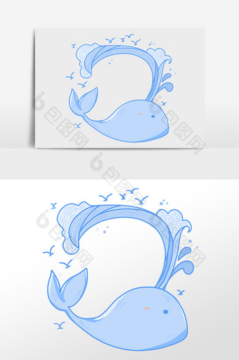 手绘卡通蓝色海豚海水边框插画图片
