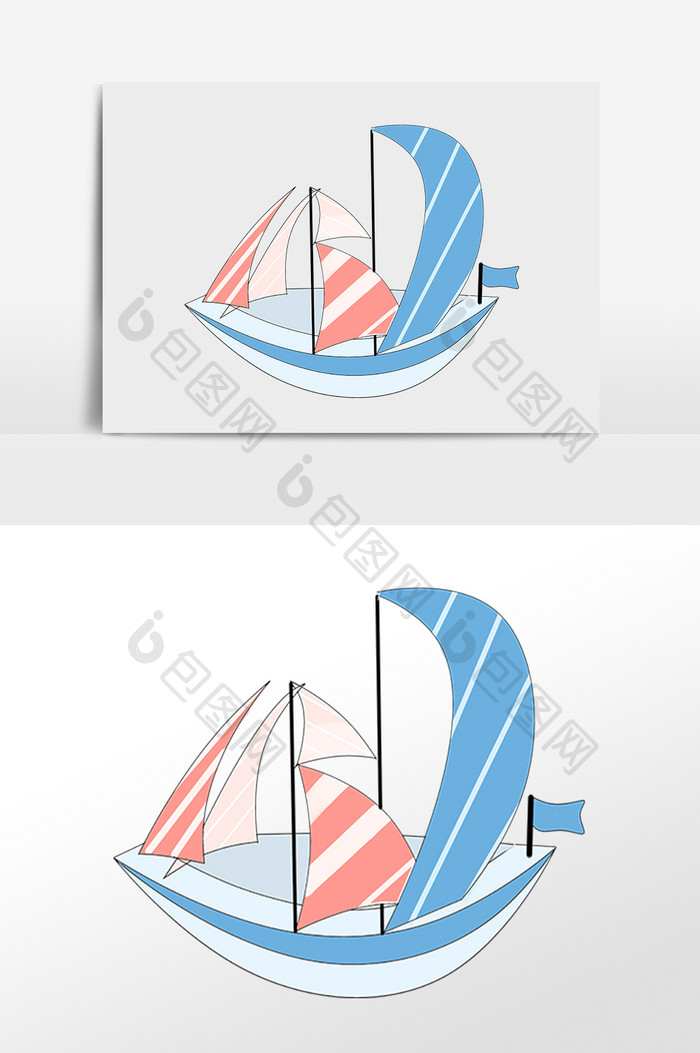 手绘大海交通工具卡通彩色帆船插画