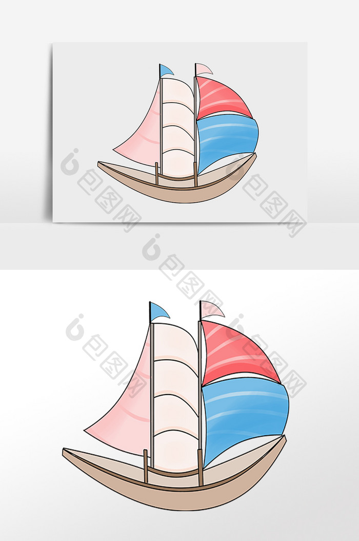 手绘大海交通工具小帆船插画