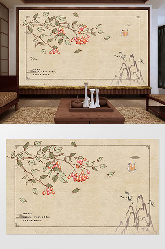 新中式手绘工笔花鸟海棠背景墙装饰画图片