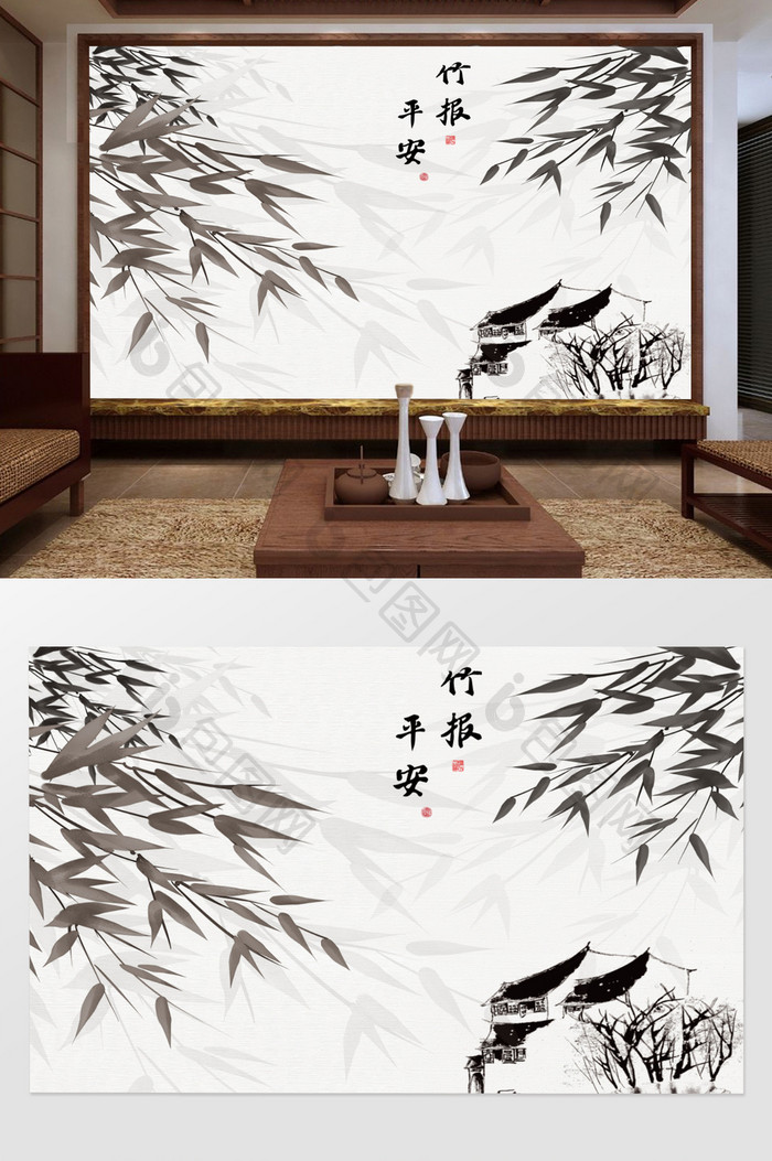 竹子新中式花鸟背景墙壁画