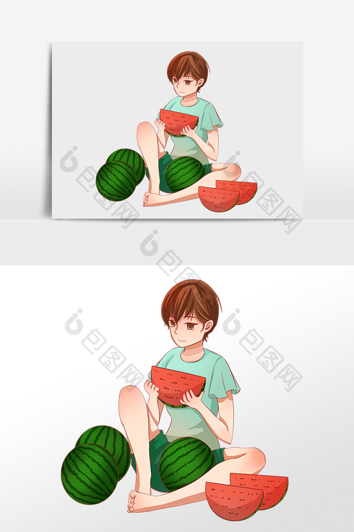 手绘夏季夏吃西瓜男孩插画