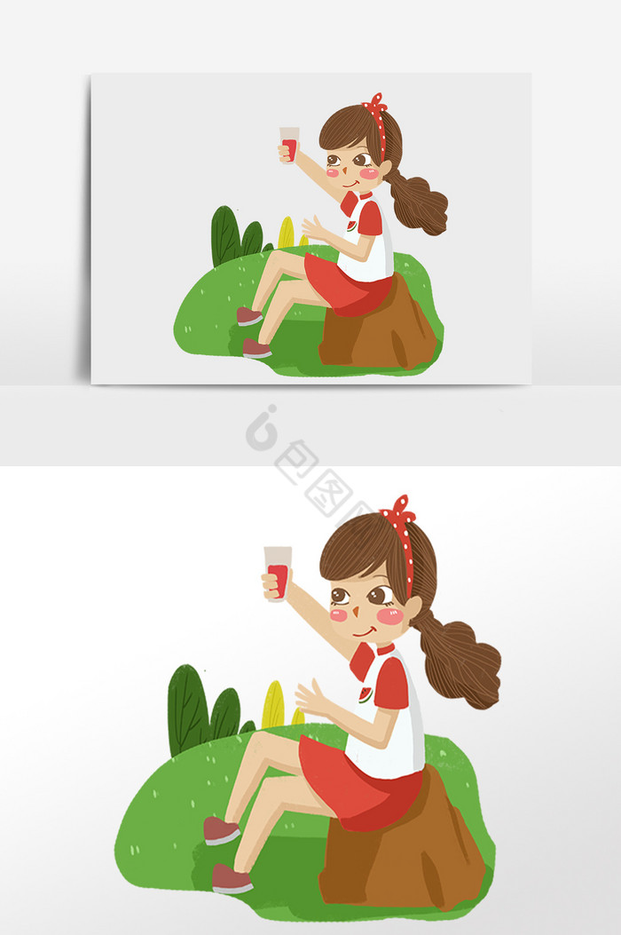 夏季夏天女孩喝果汁插画图片