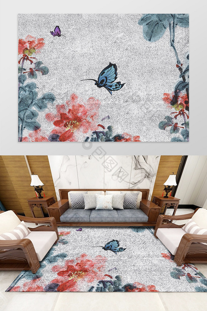 中式古典花鸟蝴蝶图案地毯