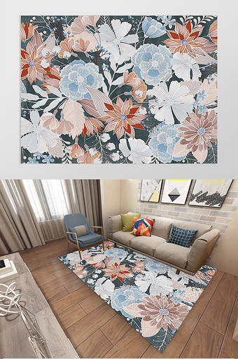 北欧风复古花卉植物客厅卧室地毯图案图片