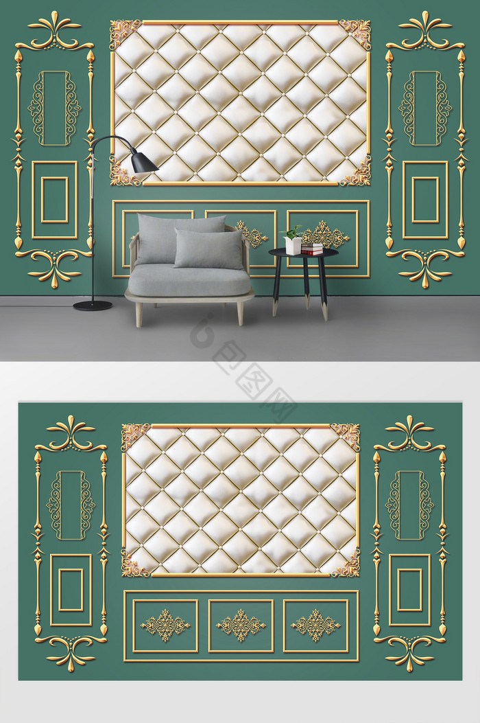 欧式金色花纹时尚软包客厅电视背景墙图片