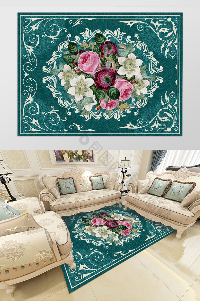欧式复古古典花卉植物客厅卧室酒店地毯图案