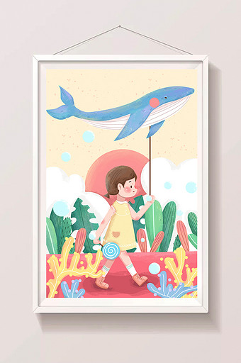 黄粉色清新节日儿童节鲸鱼气球女孩插画海报图片